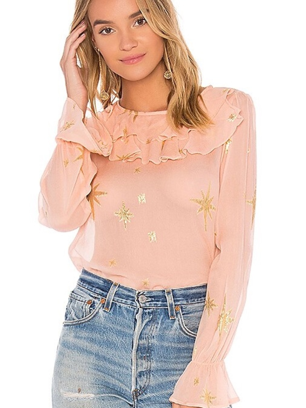 For Love & Lemons Gilded Star Blouse Rose Gold Silky Designer Silk Sheer XS $180